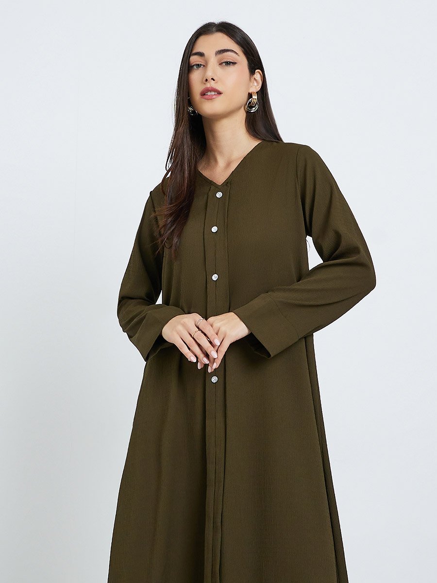Women Olive A-Line Jalabiya with Crystal Buttons