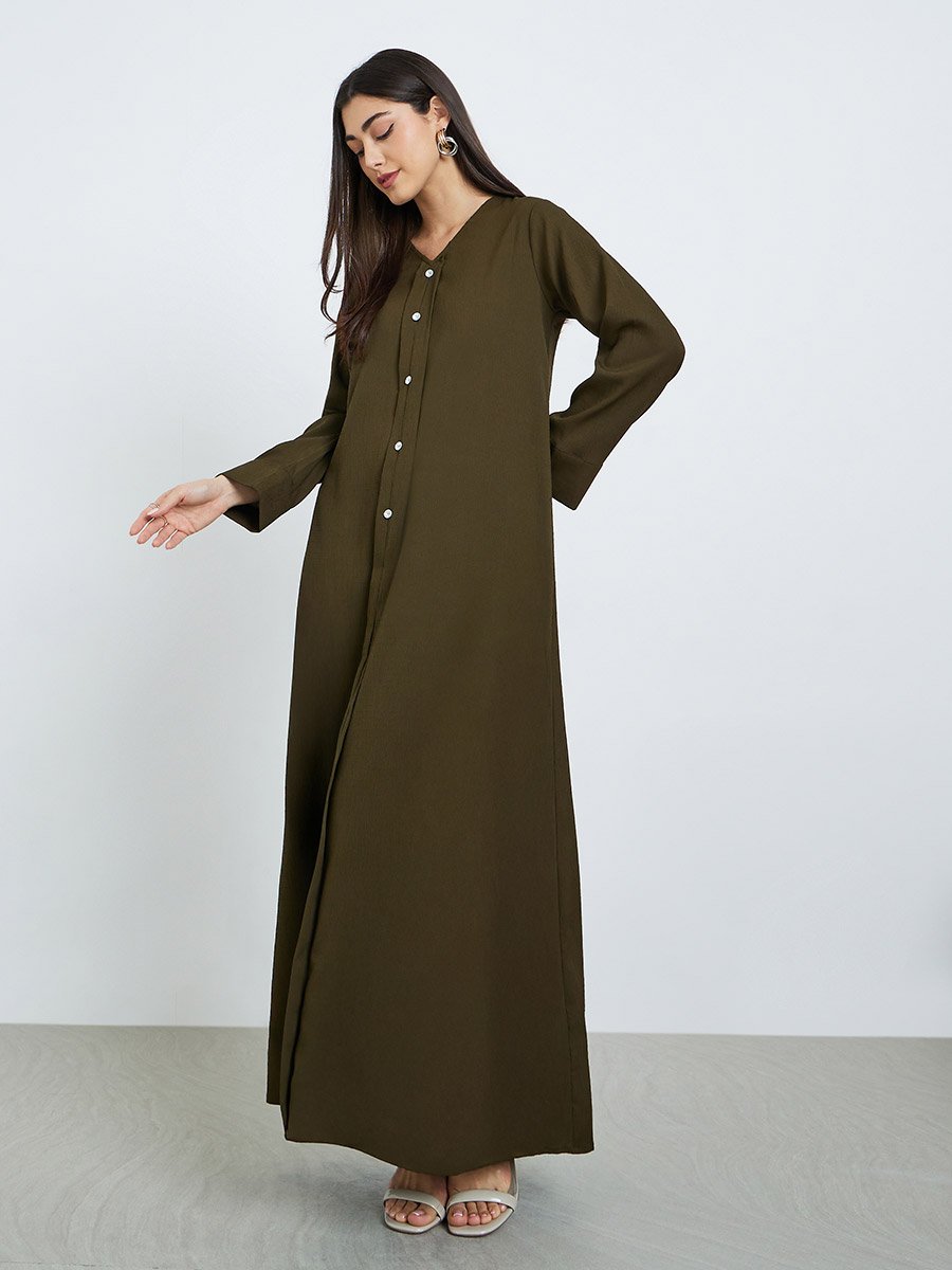 Women Olive A-Line Jalabiya with Crystal Buttons
