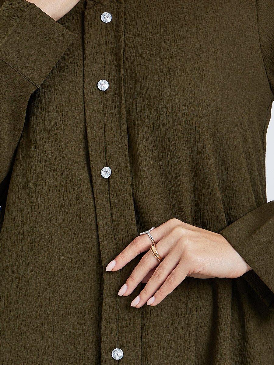 Women Olive A-Line Jalabiya with Crystal Buttons
