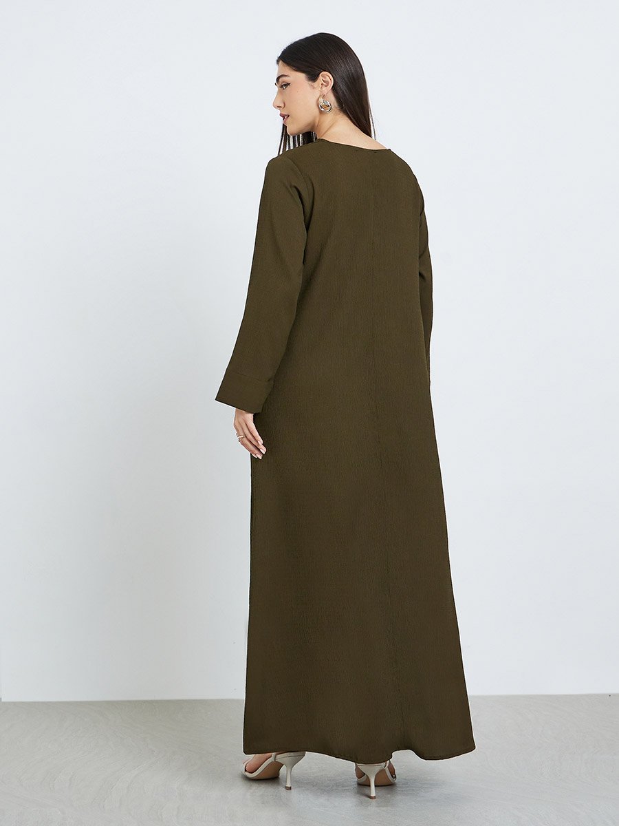 Women Olive A-Line Jalabiya with Crystal Buttons