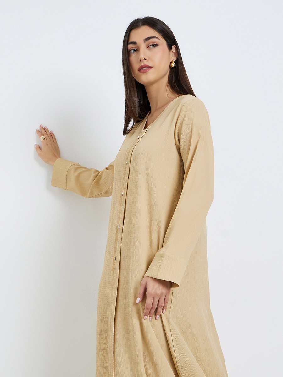 Women Yellow A-Line Jalabiya with Crystal Buttons