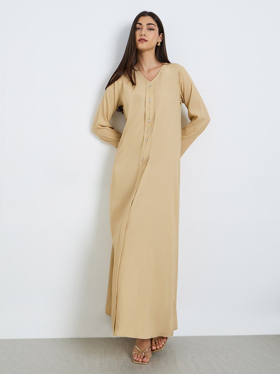 Women Yellow A-Line Jalabiya with Crystal Buttons