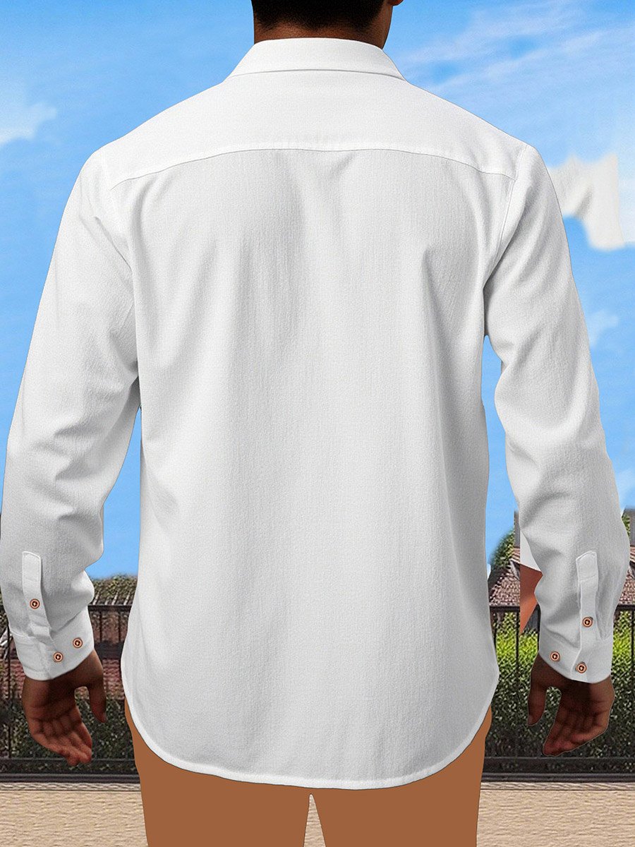 Men White Stand Collar Cotton Shirt