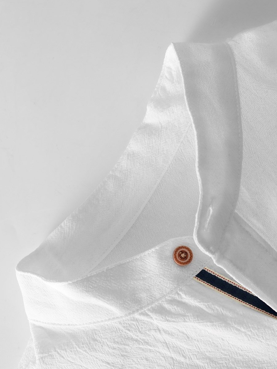 Men White Stand Collar Cotton Shirt