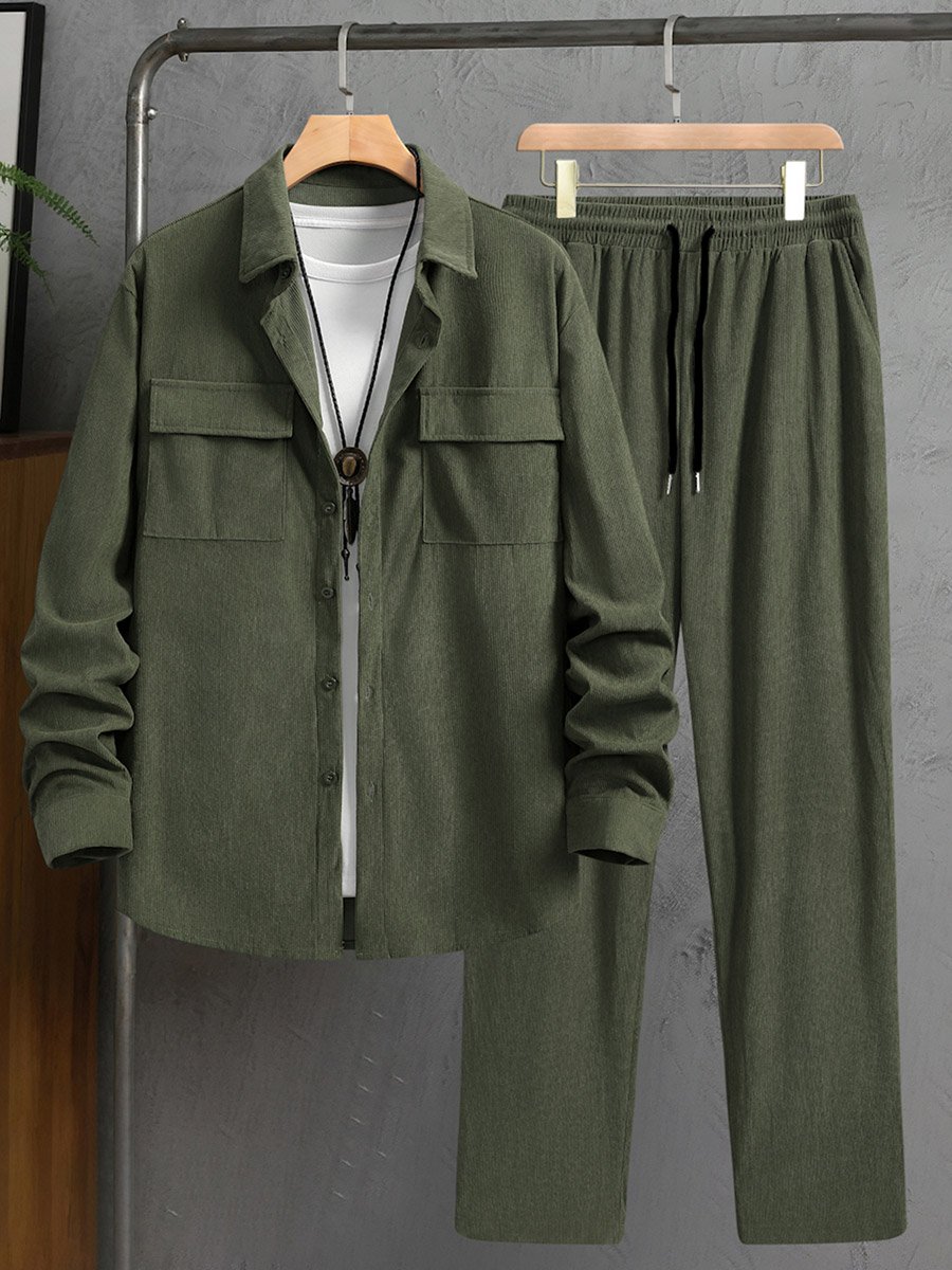 Men Green Corduroy Shirt and Pants Co-ords