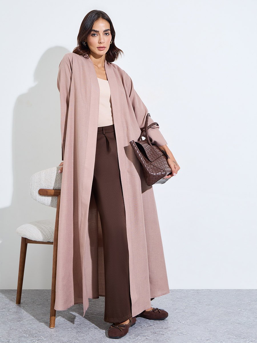 Khaki Linen Look Front Open Abaya