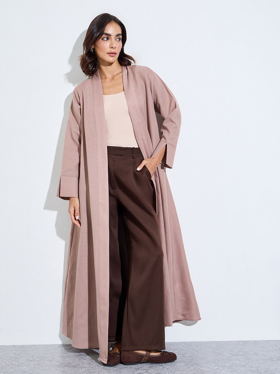 Khaki Linen Look Front Open Abaya