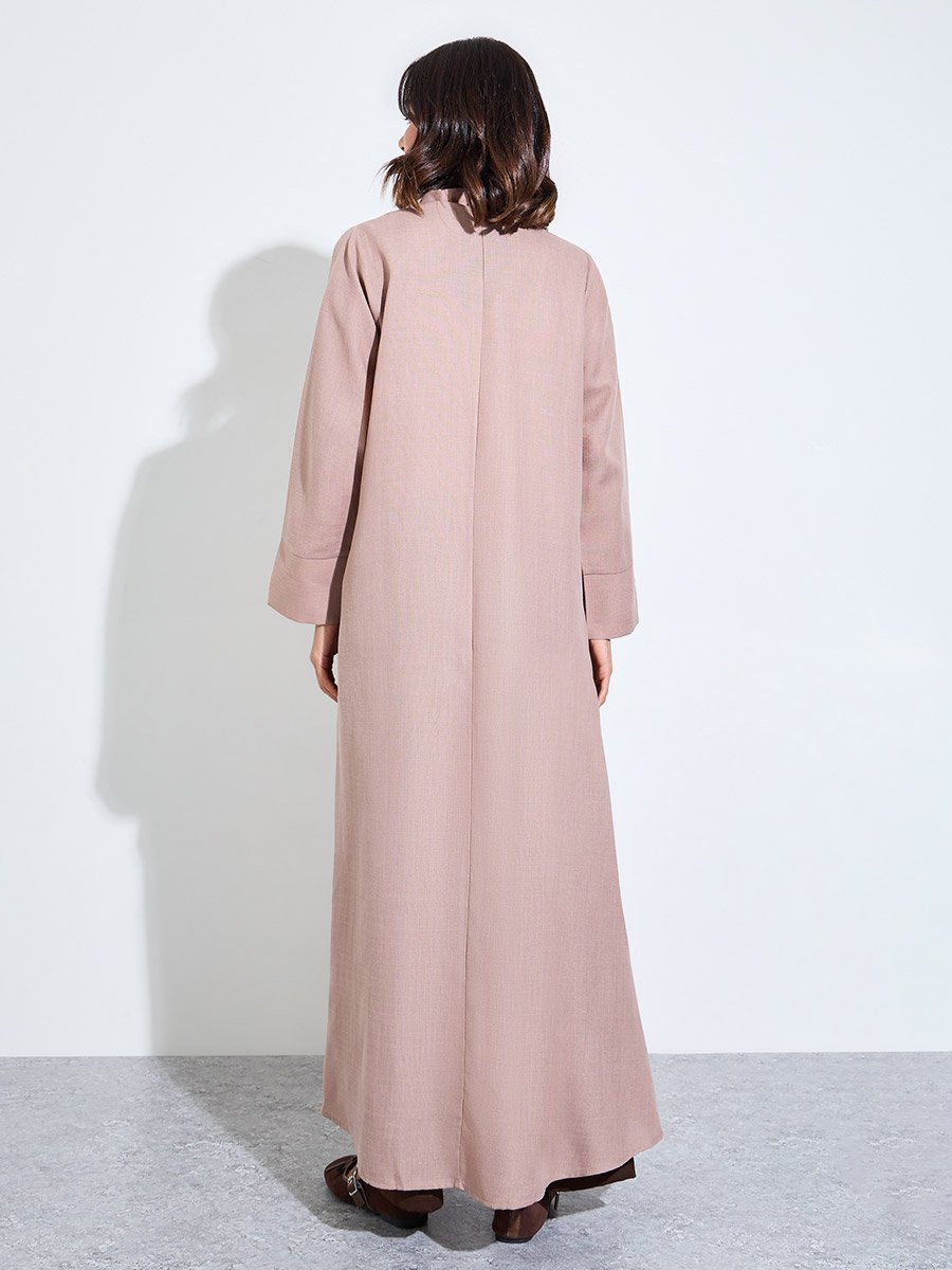 Khaki Linen Look Front Open Abaya