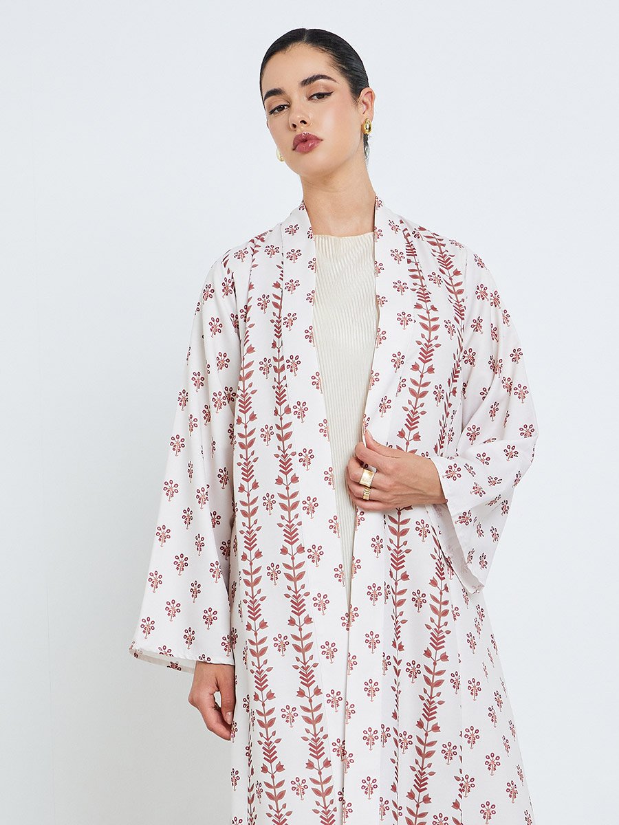 Light Pink All-Over Print Open Front Abaya