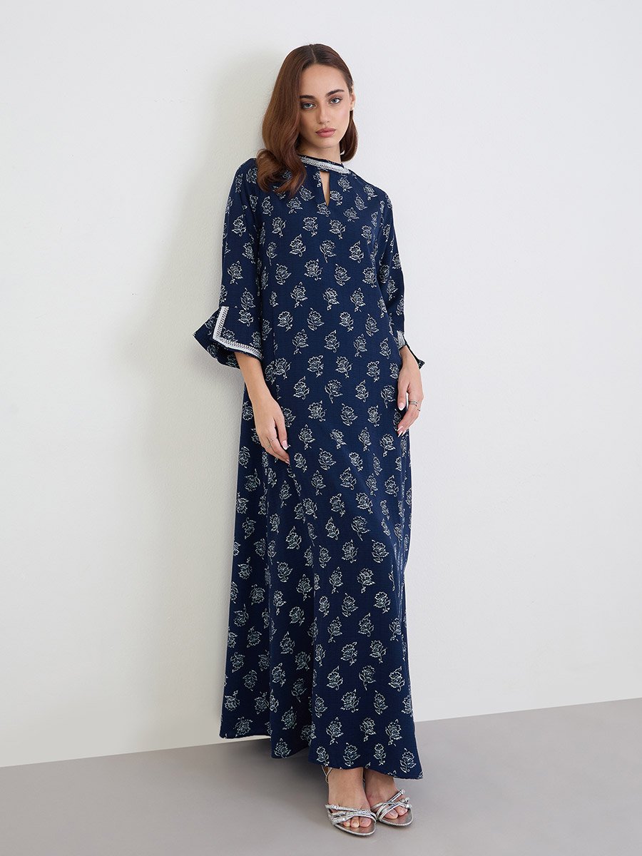 Women Navy Blue Floral Print Jalabiya 