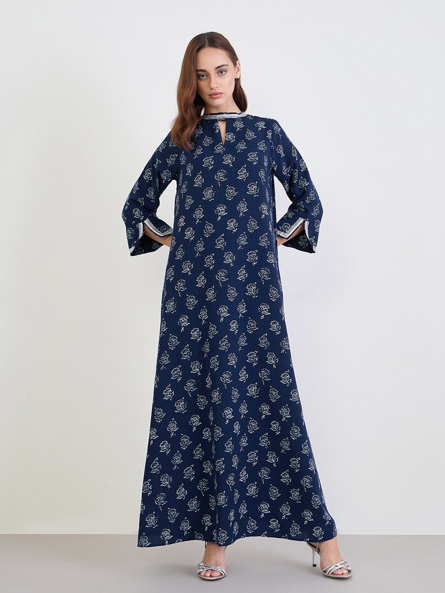 Women Navy Blue Floral Print Jalabiya 