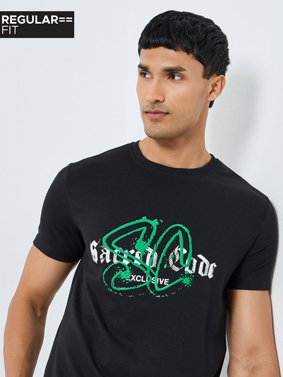 Men Black Graphic Print Crew Neck T-Shirt