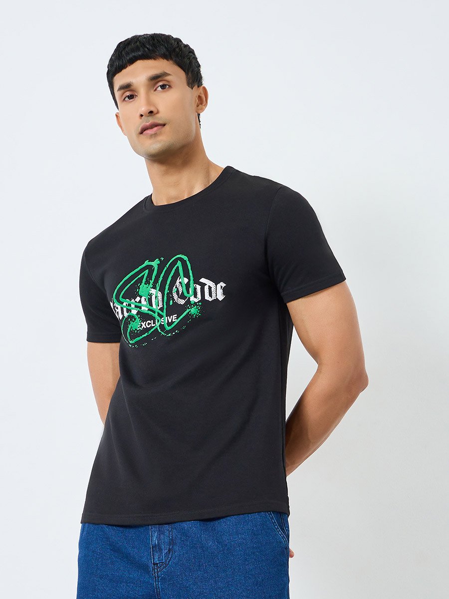 Men Black Graphic Print Crew Neck T-Shirt