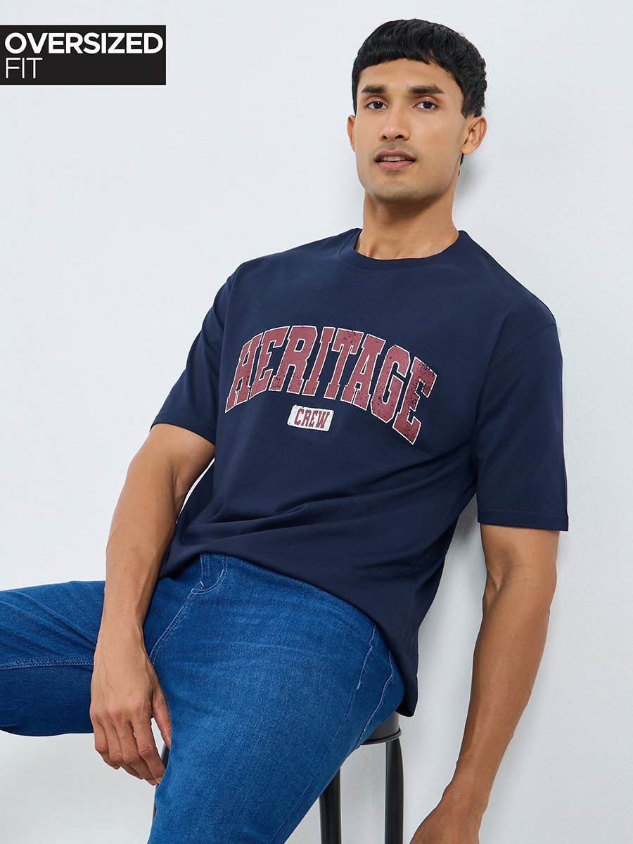 Men Navy Blue Graphic Print Oversized T-Shirt
