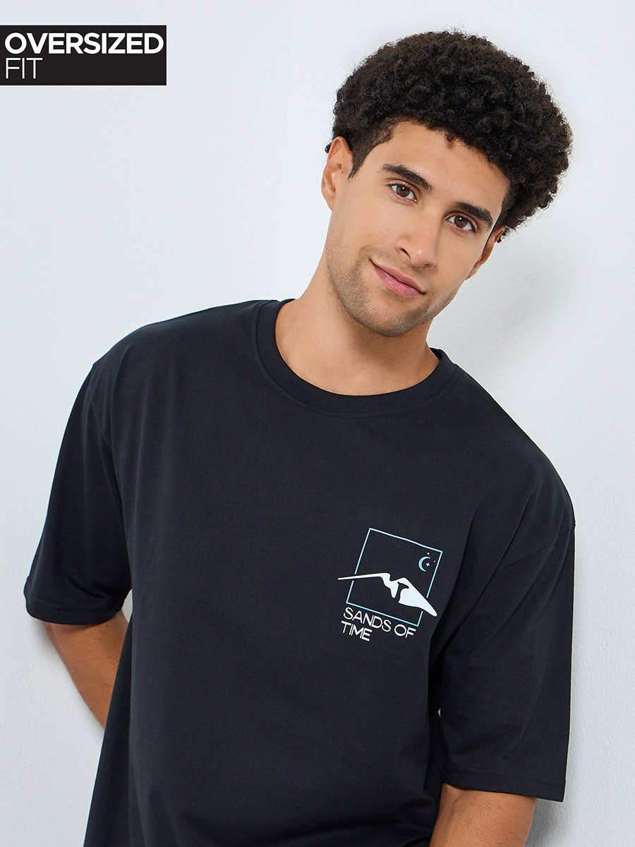 Men Black Graphic Print Oversized T-Shirt