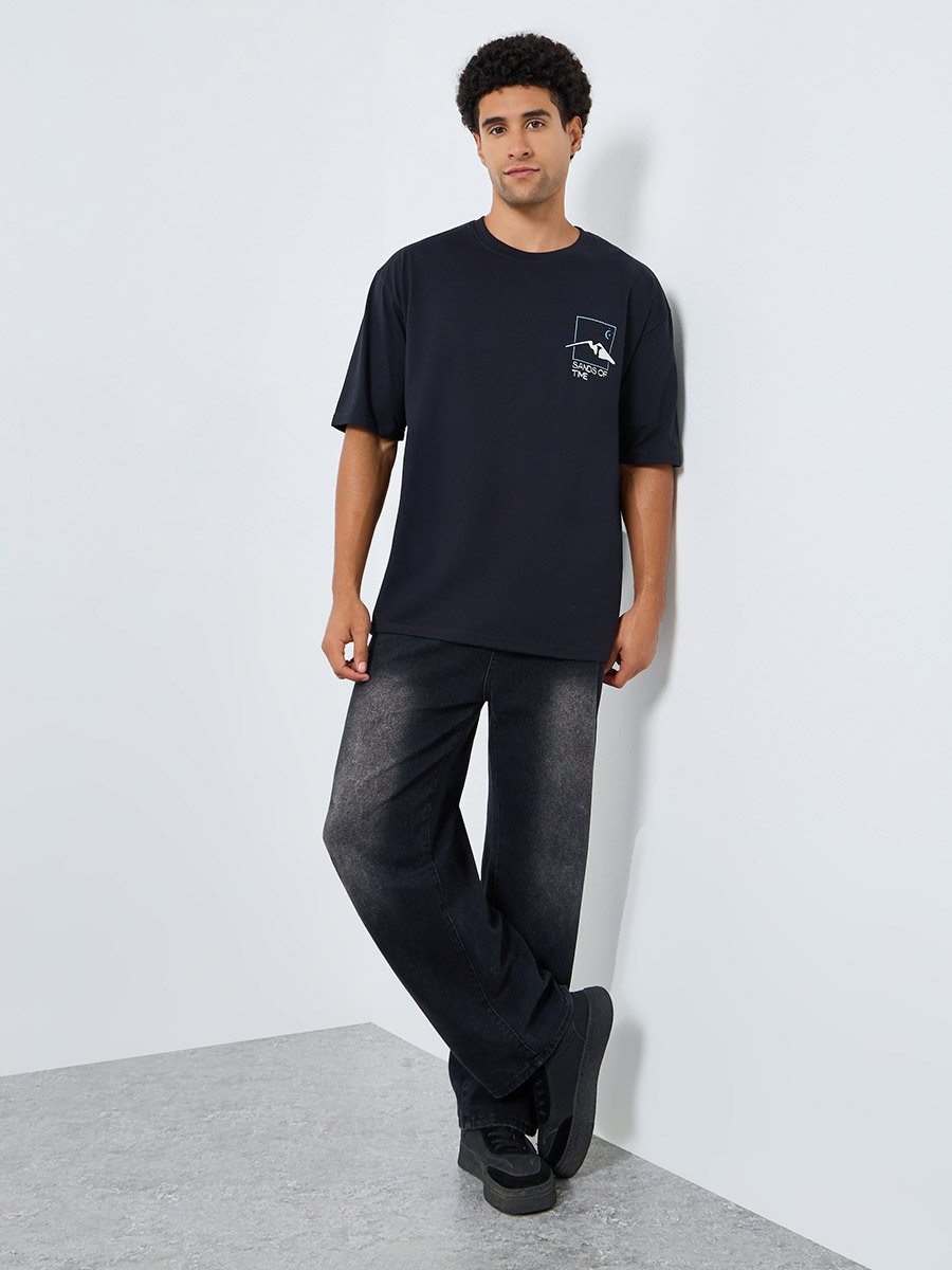 Men Black Graphic Print Oversized T-Shirt