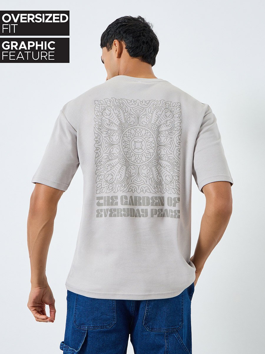 Men Grey Graphic Print Oversized Crew Neck T-Shirt