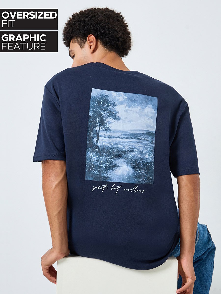 Men Navy Blue Graphic Print Oversized T-Shirt