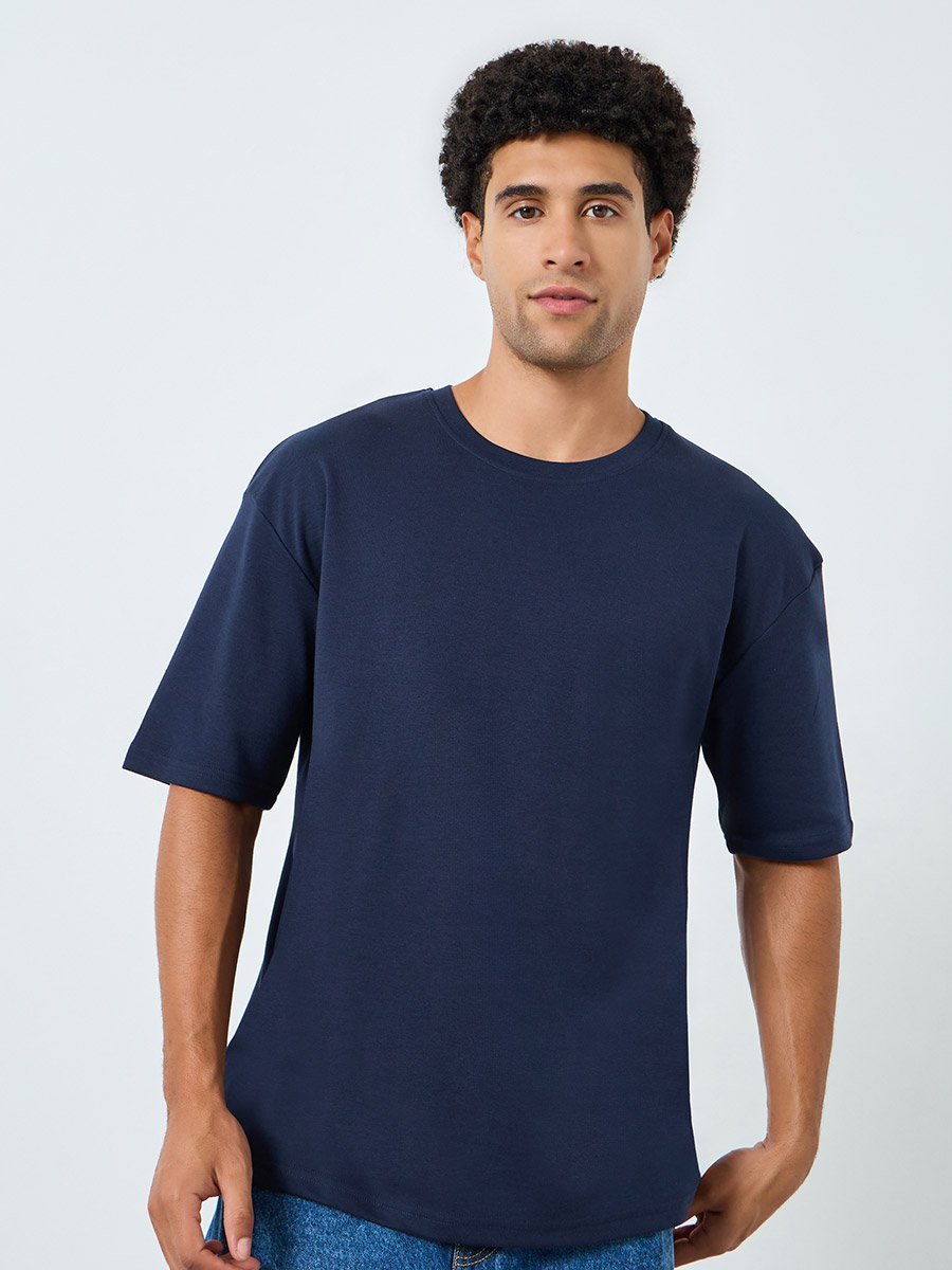 Men Navy Blue Graphic Print Oversized T-Shirt