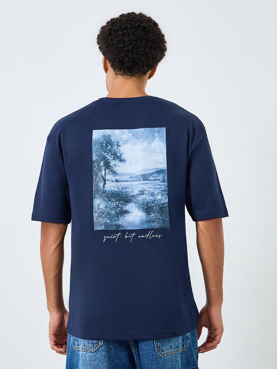 Men Navy Blue Graphic Print Oversized T-Shirt