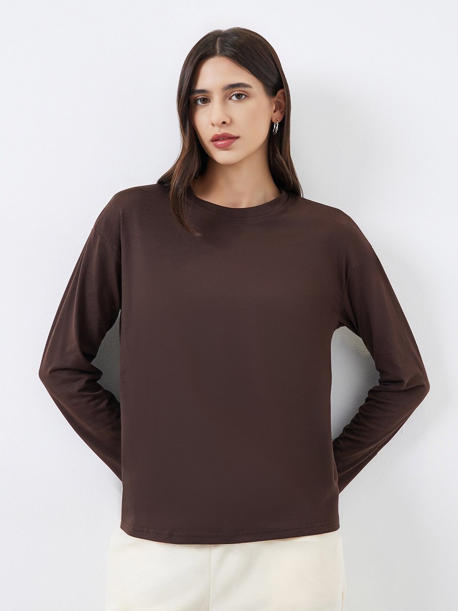 Brown Boxy Long Sleeve T-Shirt