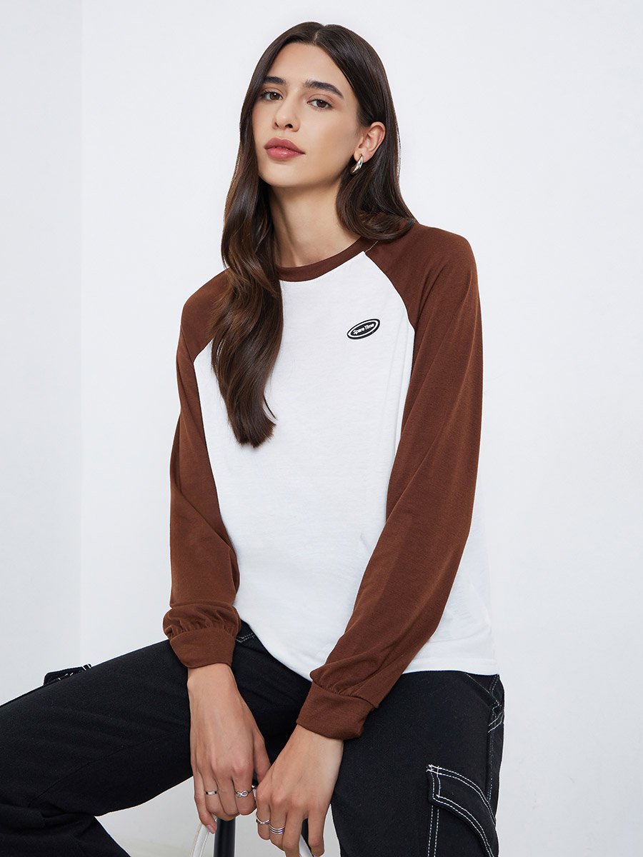 Color Block Raglan Sleeve Long Sleeve T-Shirt For Women at UAE | Styli