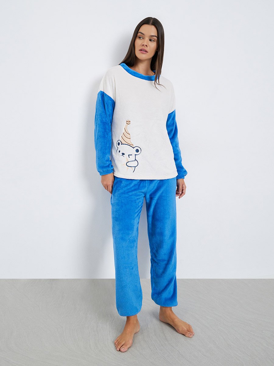 Bear Embroidered Fleece T-Shirt and Pyjama Set