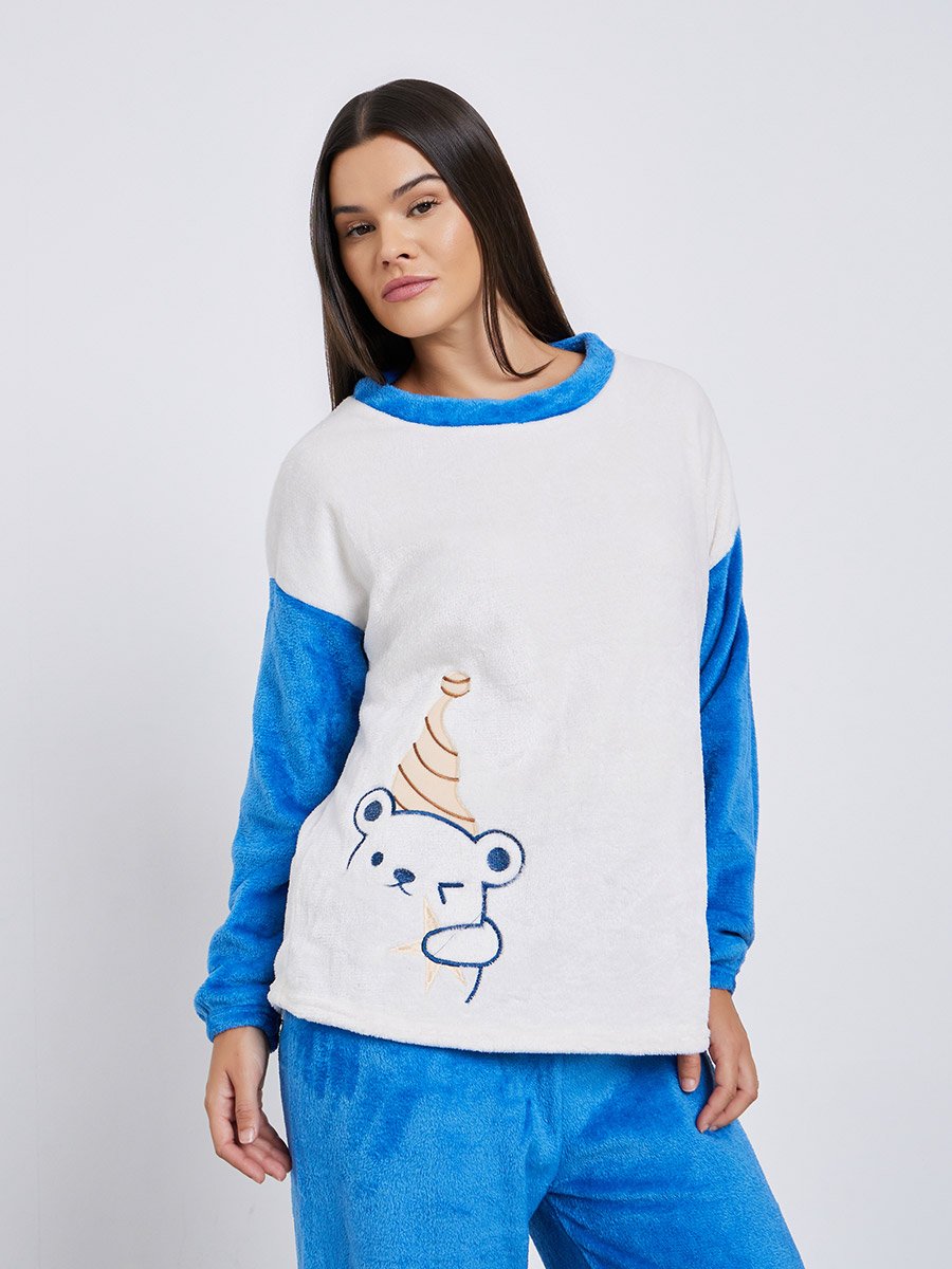 Bear Embroidered Fleece T-Shirt and Pyjama Set