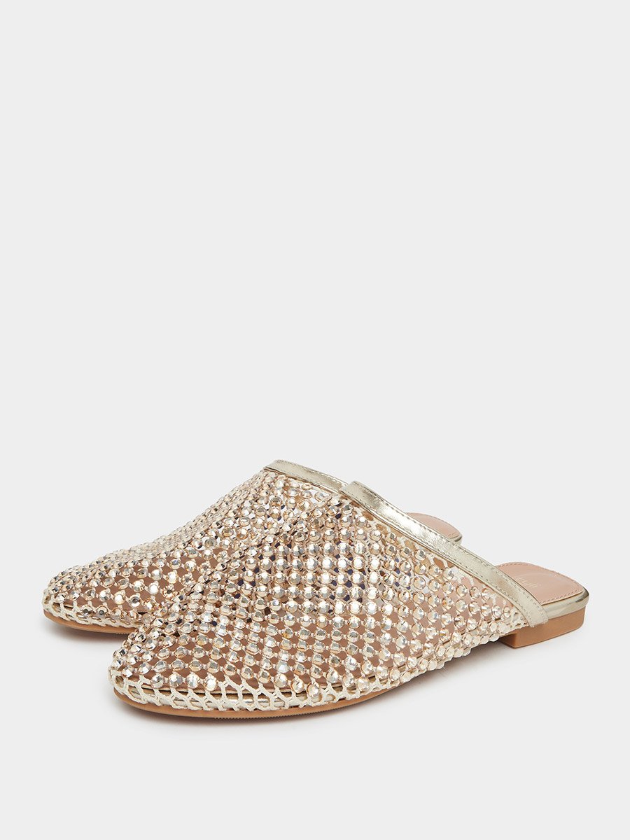 Gold Embellished Pointed Toe Mules