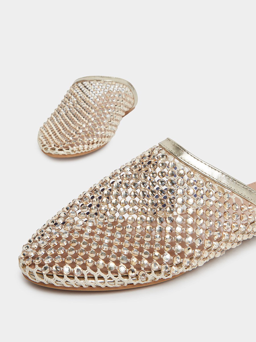 Gold Embellished Pointed Toe Mules