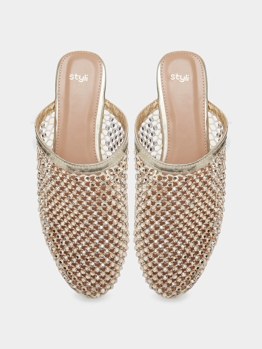 Gold Embellished Pointed Toe Mules