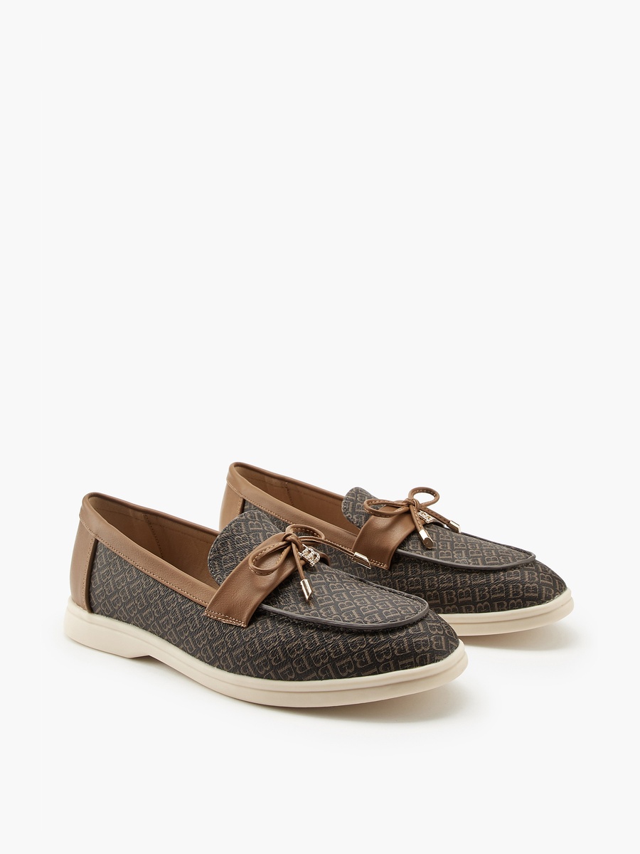 Monogram Print Slip-On Loafers with Bow Accent