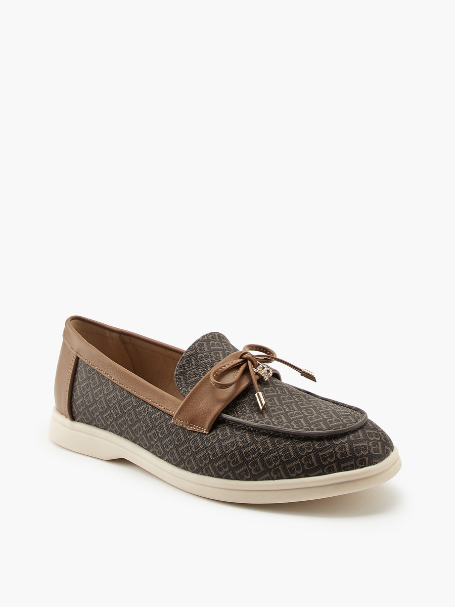 Monogram Print Slip-On Loafers with Bow Accent