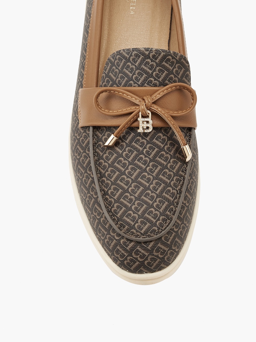 Monogram Print Slip-On Loafers with Bow Accent