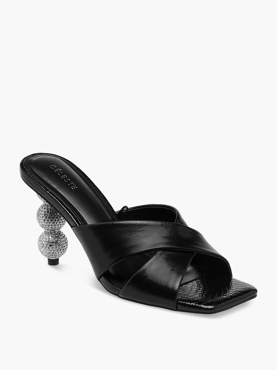 Women Embellished Slip-On Cross Strap Sandals with Stiletto Heels