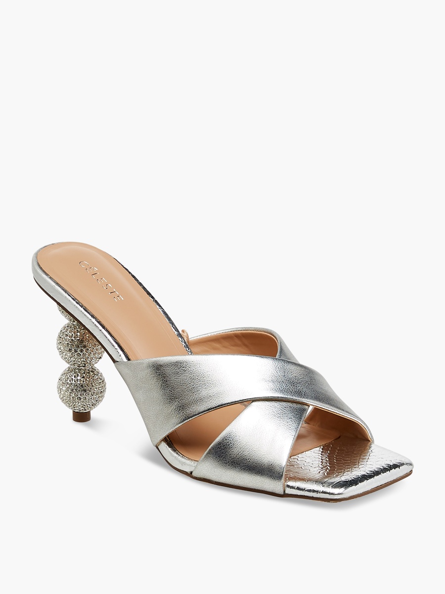 Women Embellished Slip-On Cross Strap Sandals with Stiletto Heels