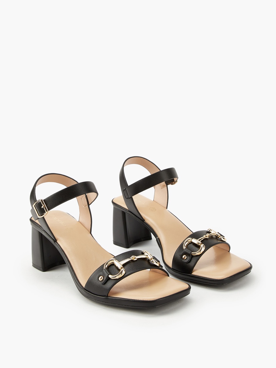 Metal Accent Block Heel Sandals with Buckle Closure