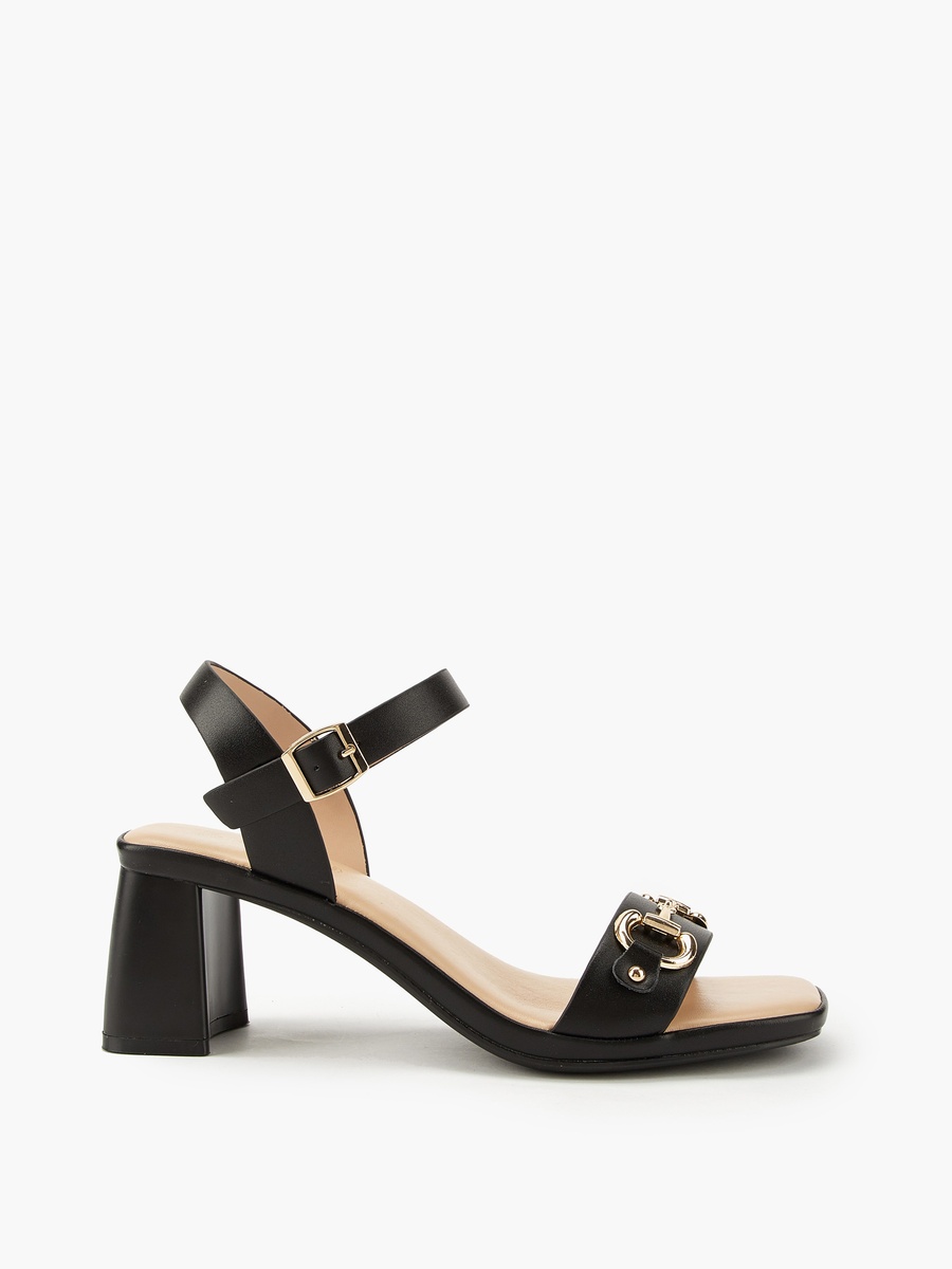 Metal Accent Block Heel Sandals with Buckle Closure