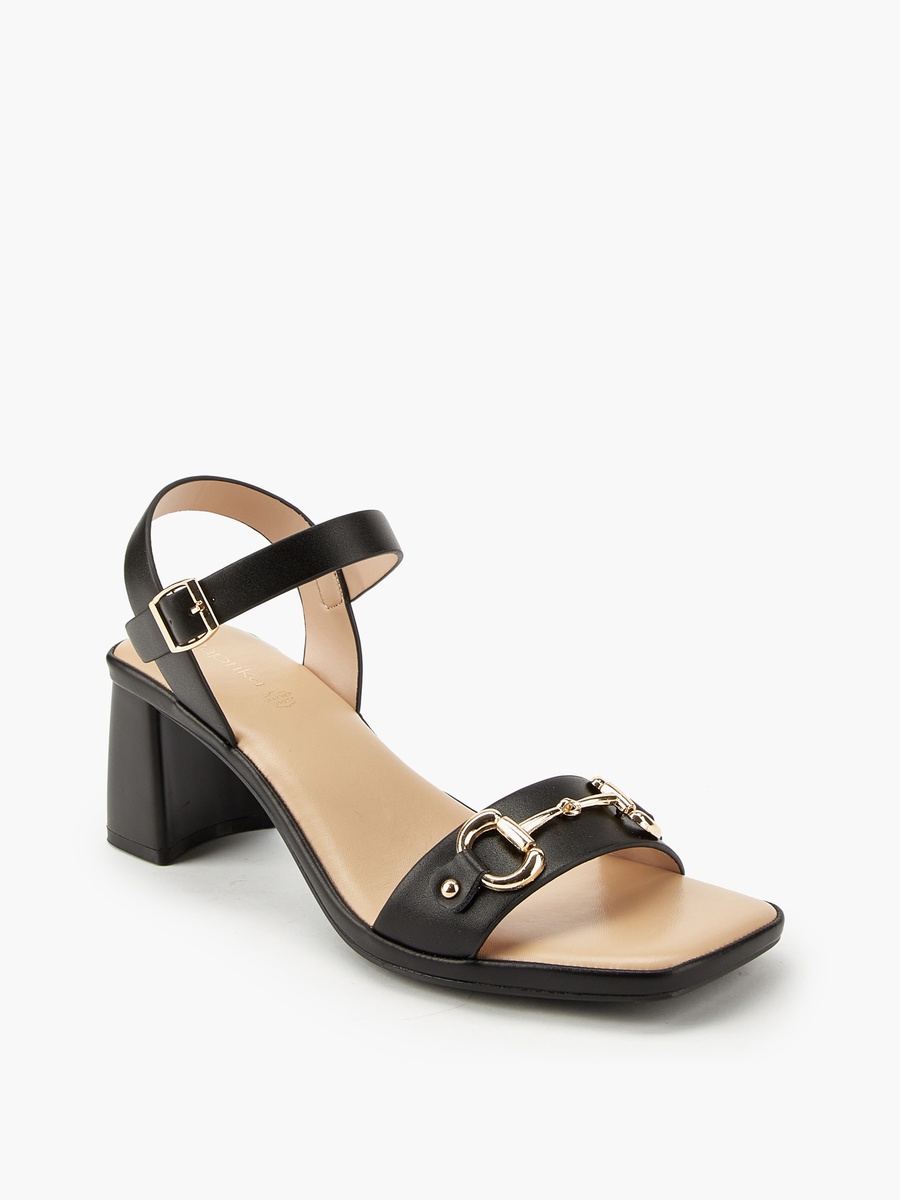 Metal Accent Block Heel Sandals with Buckle Closure