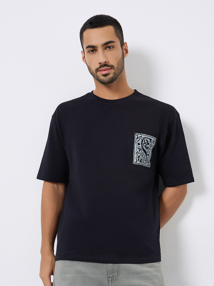 Men Black Graphic Print Oversized T-Shirt