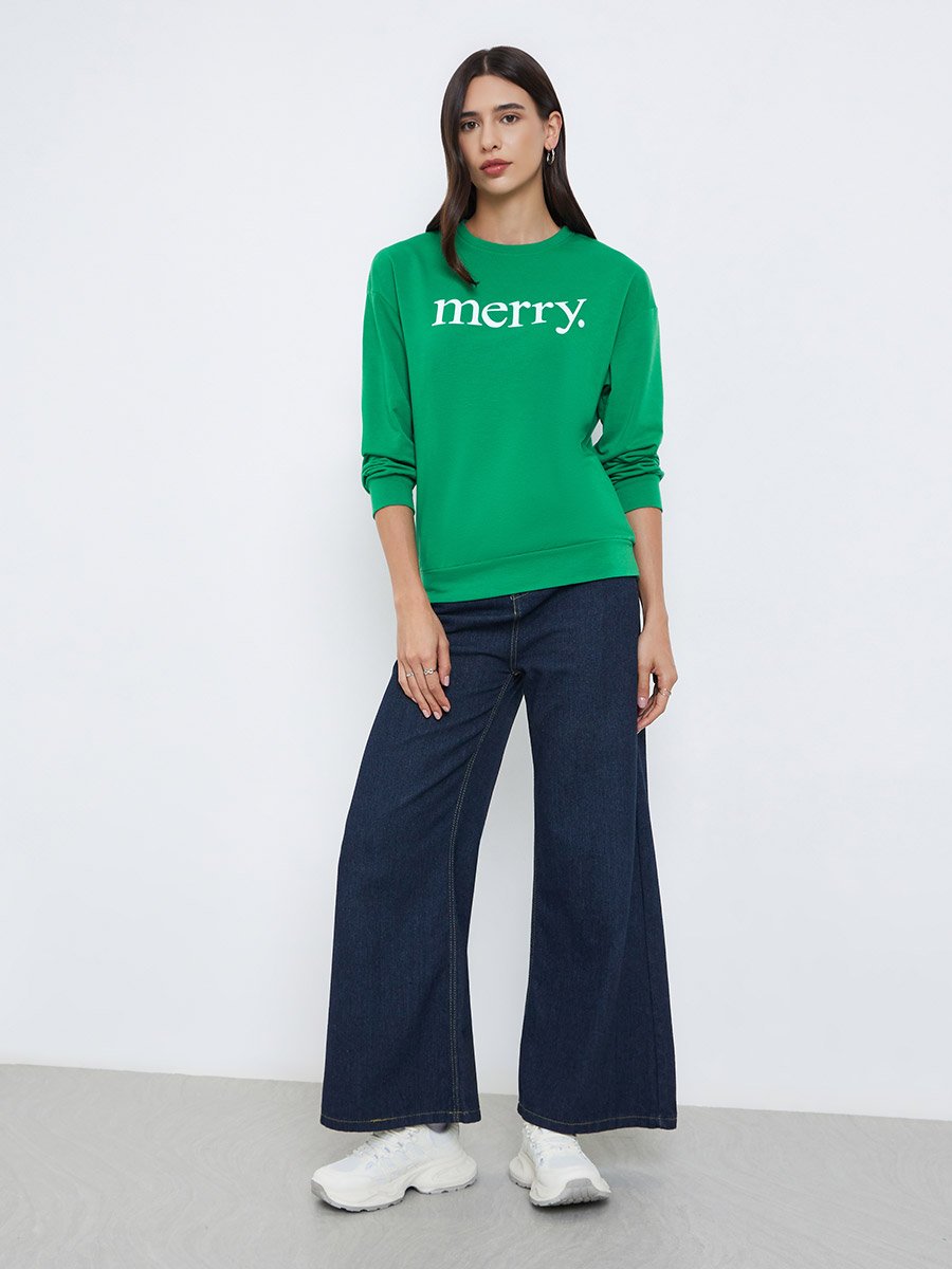 Green Merry Slogan Print Sweatshirt