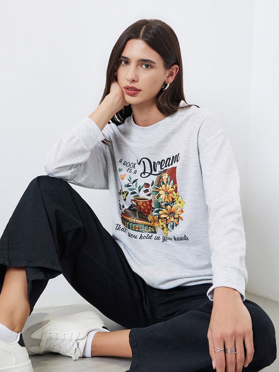 Grey Bookworm Graphic Print Sweatshirt