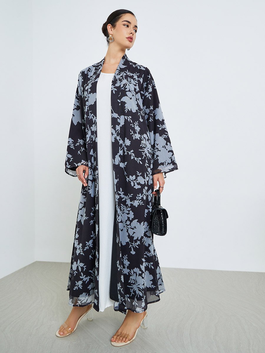Women Black Floral Print Chiffon Abaya