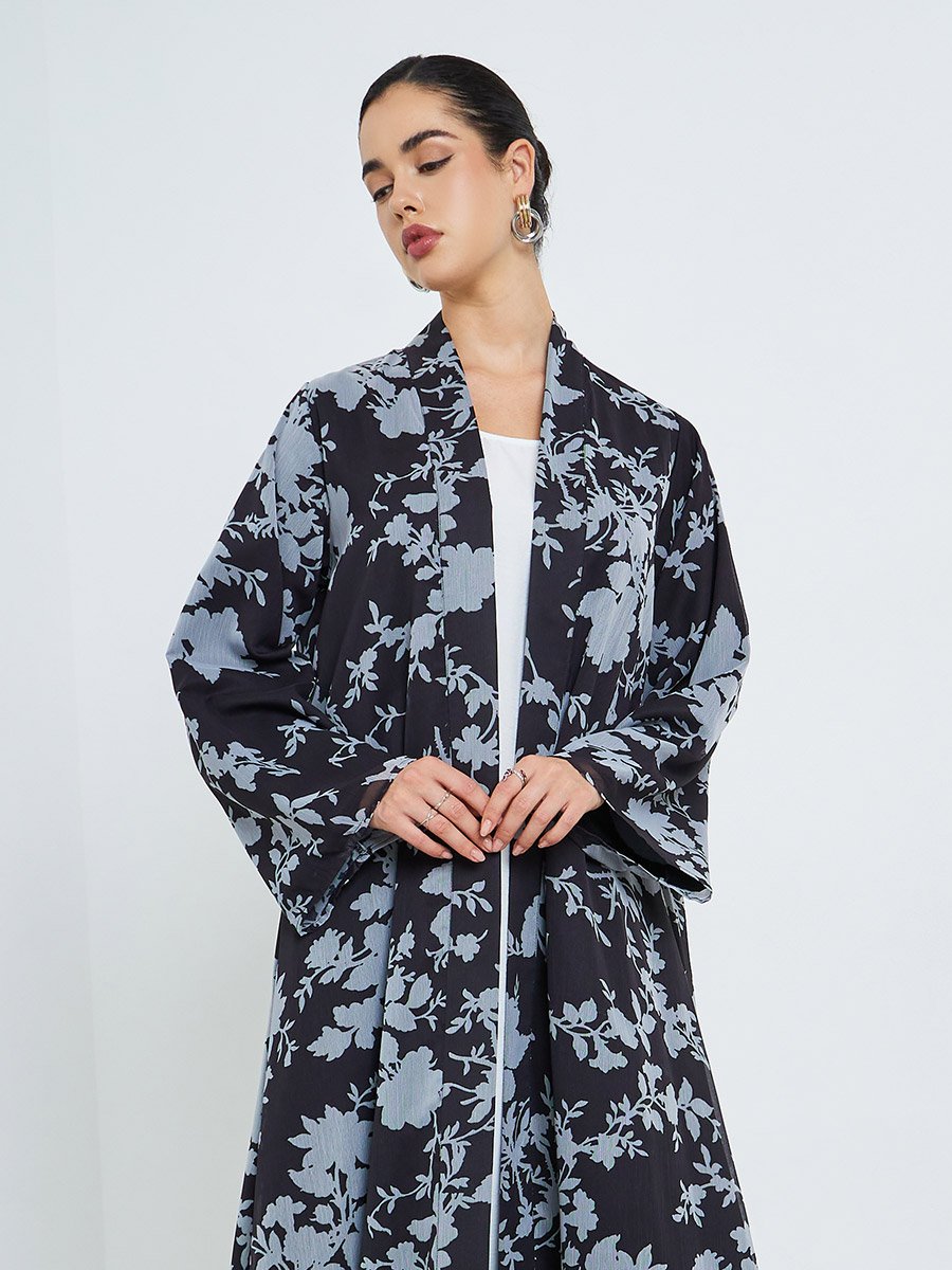 Women Black Floral Print Chiffon Abaya
