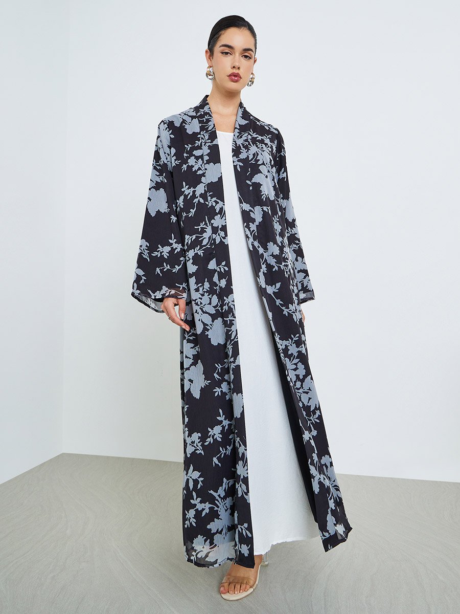 Women Black Floral Print Chiffon Abaya