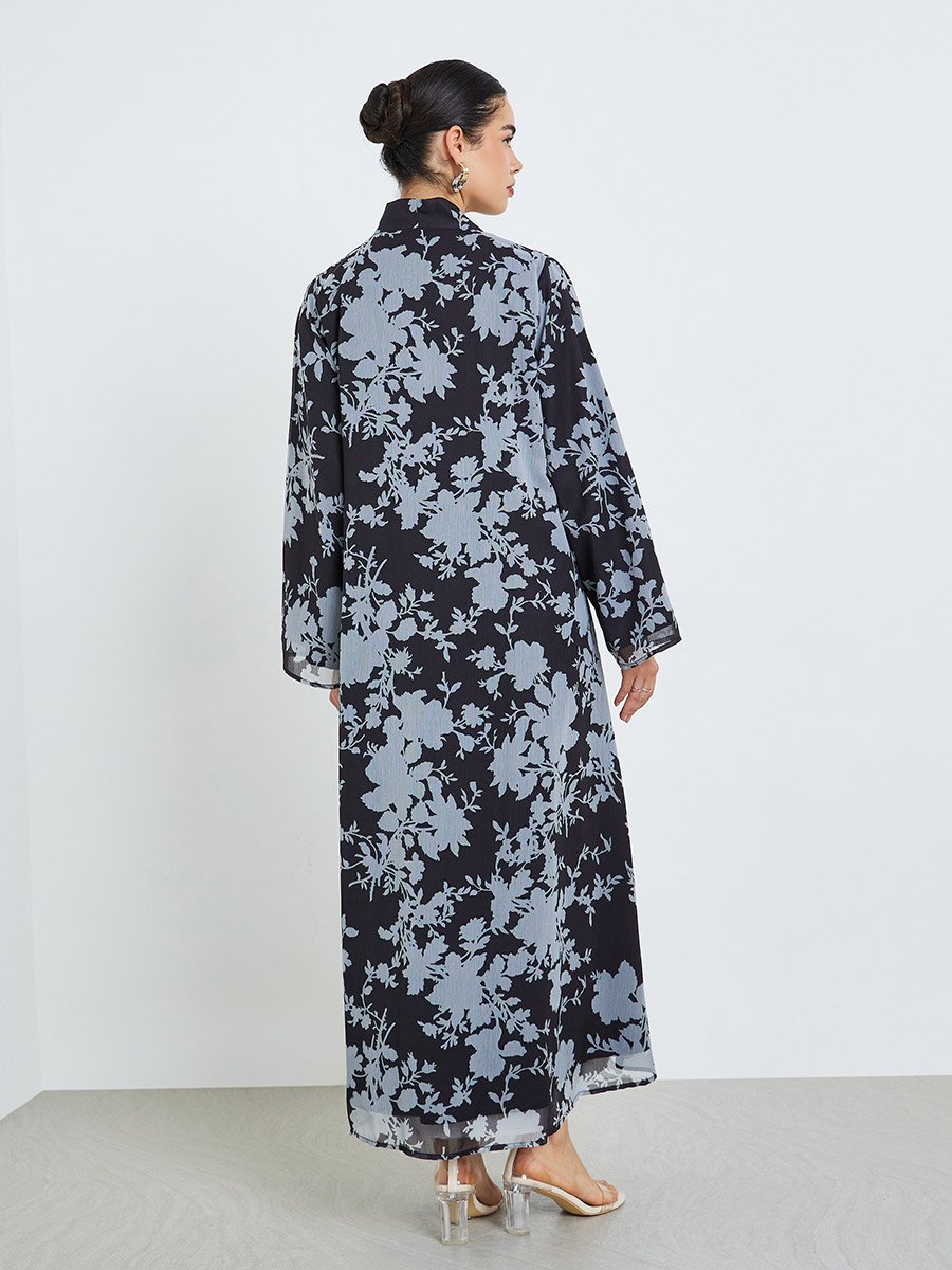 Women Black Floral Print Chiffon Abaya