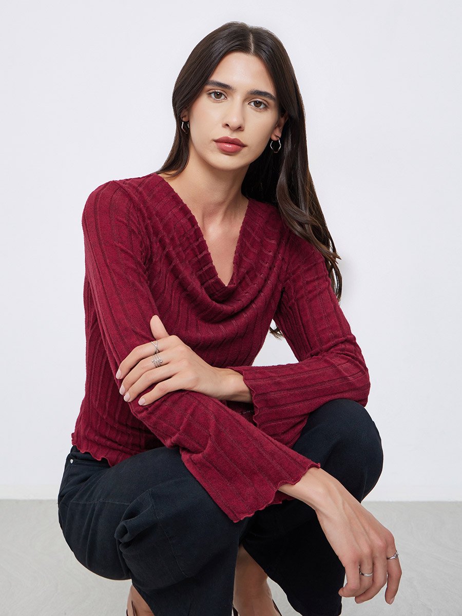 Red Knitted Cowl Neck Long Sleeve T-Shirt