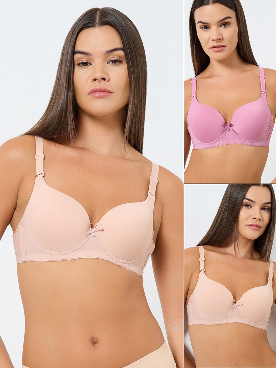 Pack of 2 - Padded Wired Solid Balconette Bra with Metal Trim
