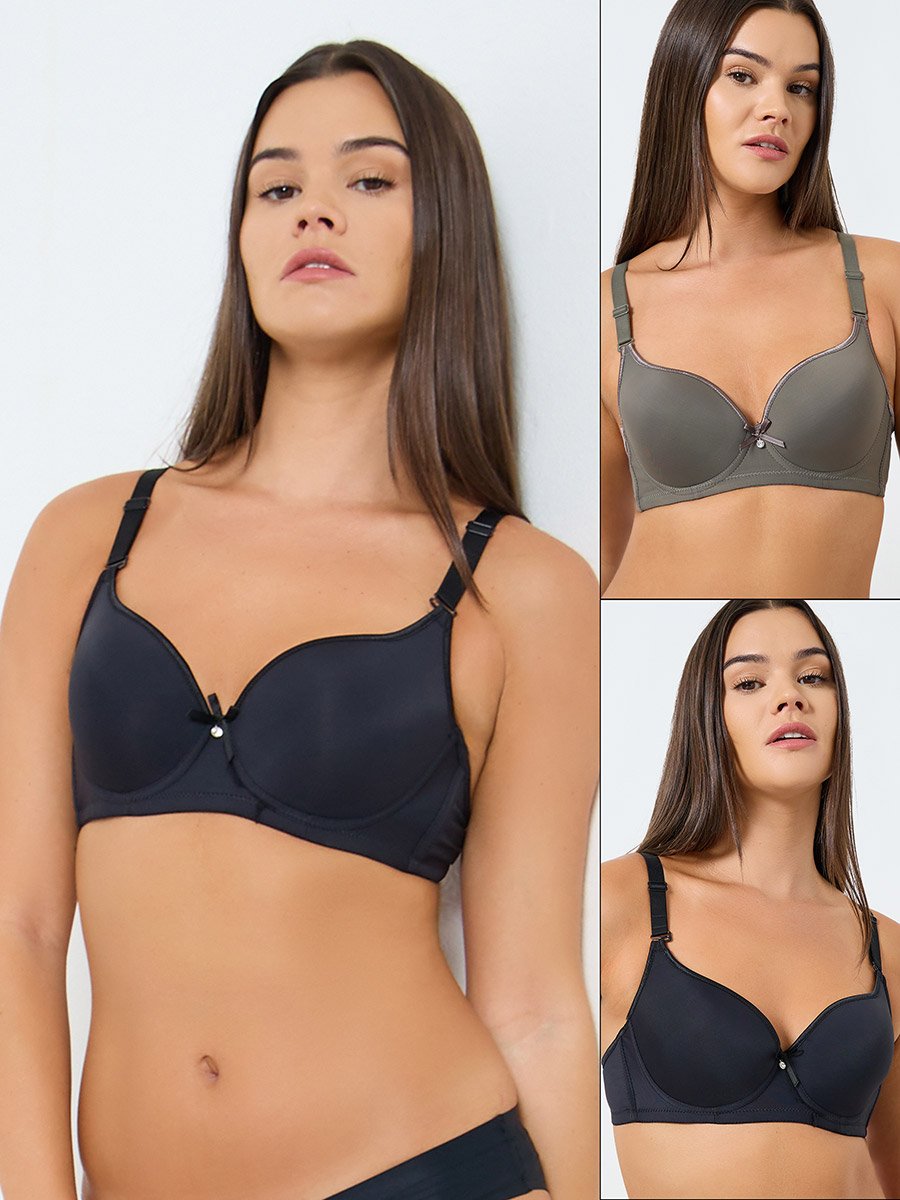 Pack of 2 - Padded Wired Solid Balconette Bra with Piping Cup