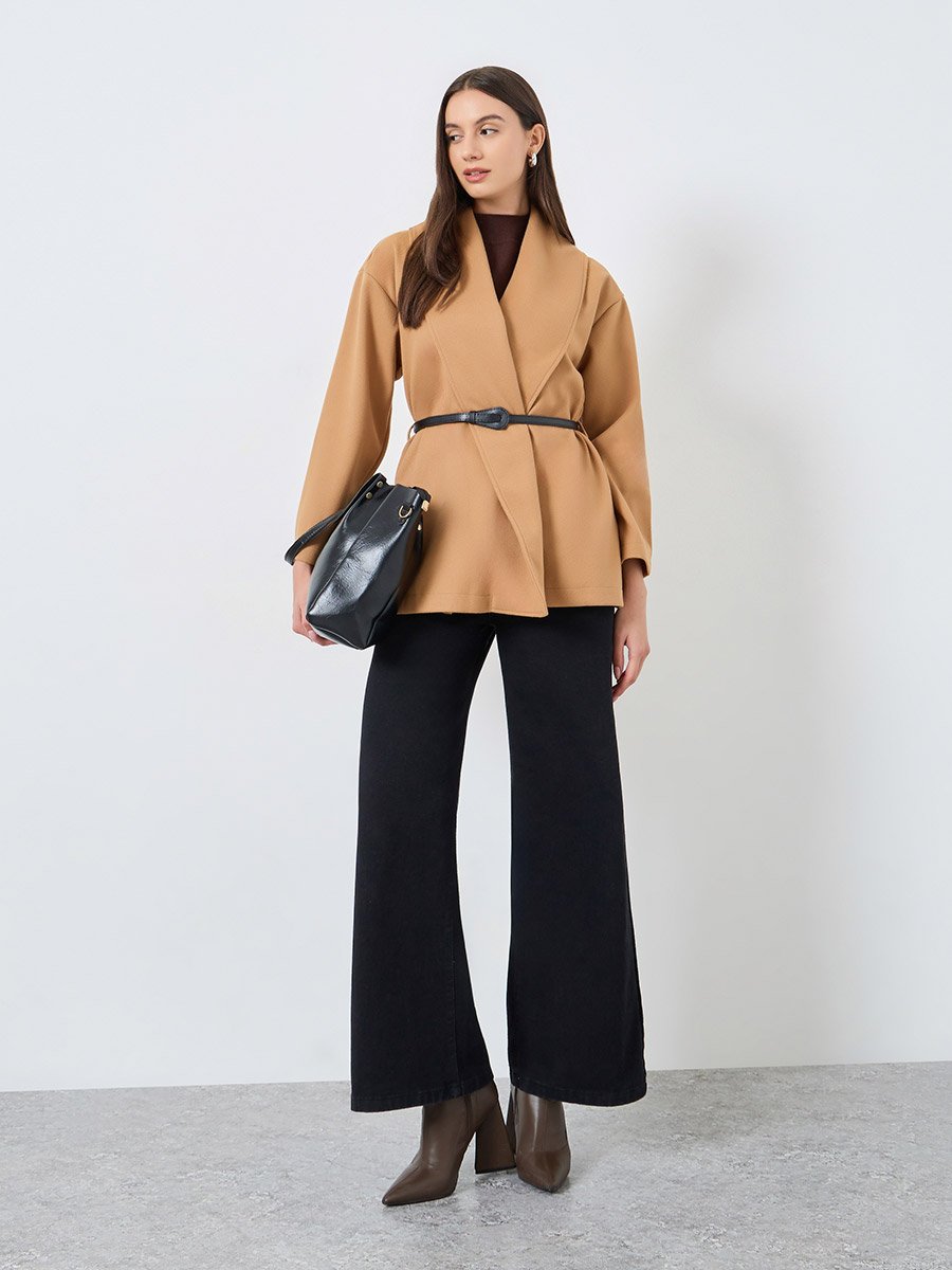 Mustard Wool Like Belted Wrap Coat
